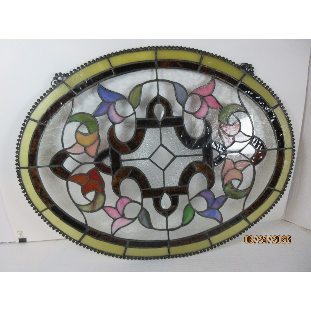 Vintage Oval Stained Glass Floral Window Panel Suncatcher Pink Yellow 24.5x18.25